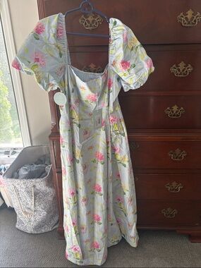 Hill House Pale Blue Floral Maxi Dress with Pink & Yellow Flowers